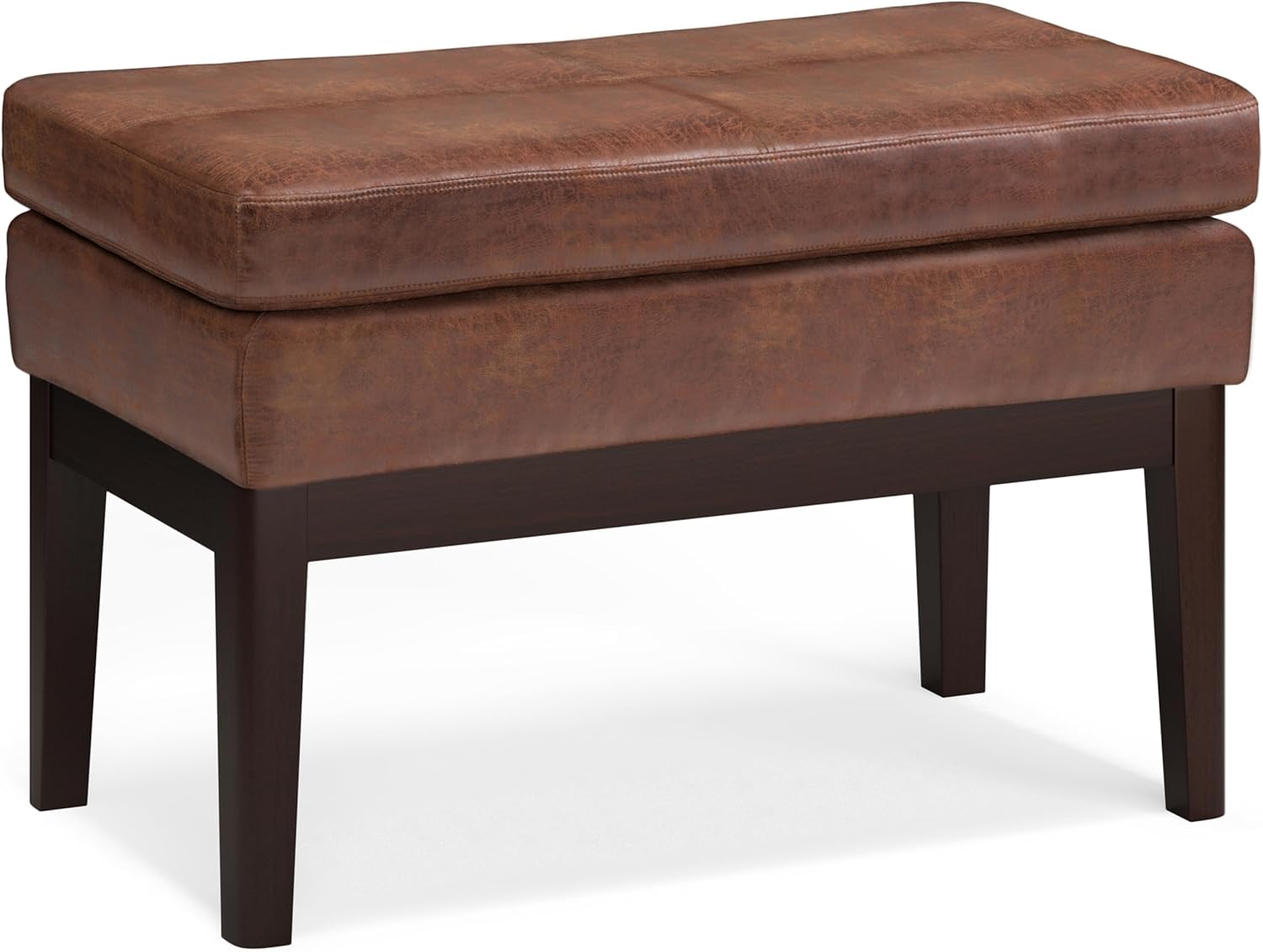 SIMPLIHOME Carlson Ottoman Bench Solid Pine Wood Frame with Faux Leather Upholstery for Living Room, Bedroom, Entryway, 26.4 x 15 x 17.5 inches, Distressed Saddle Brown