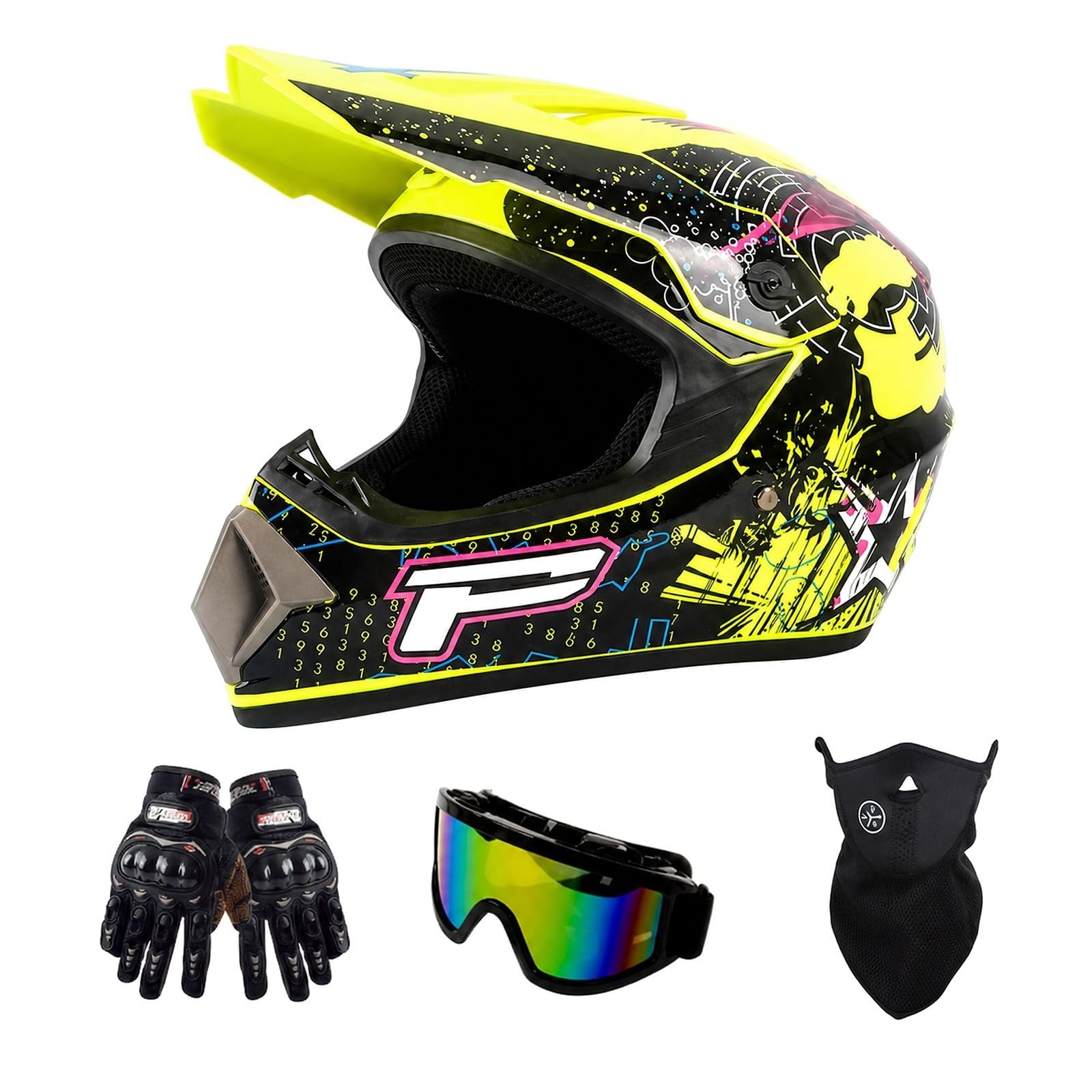 Set Casco Cross Integrale giallo neon e nero con Occhiali e Guanti