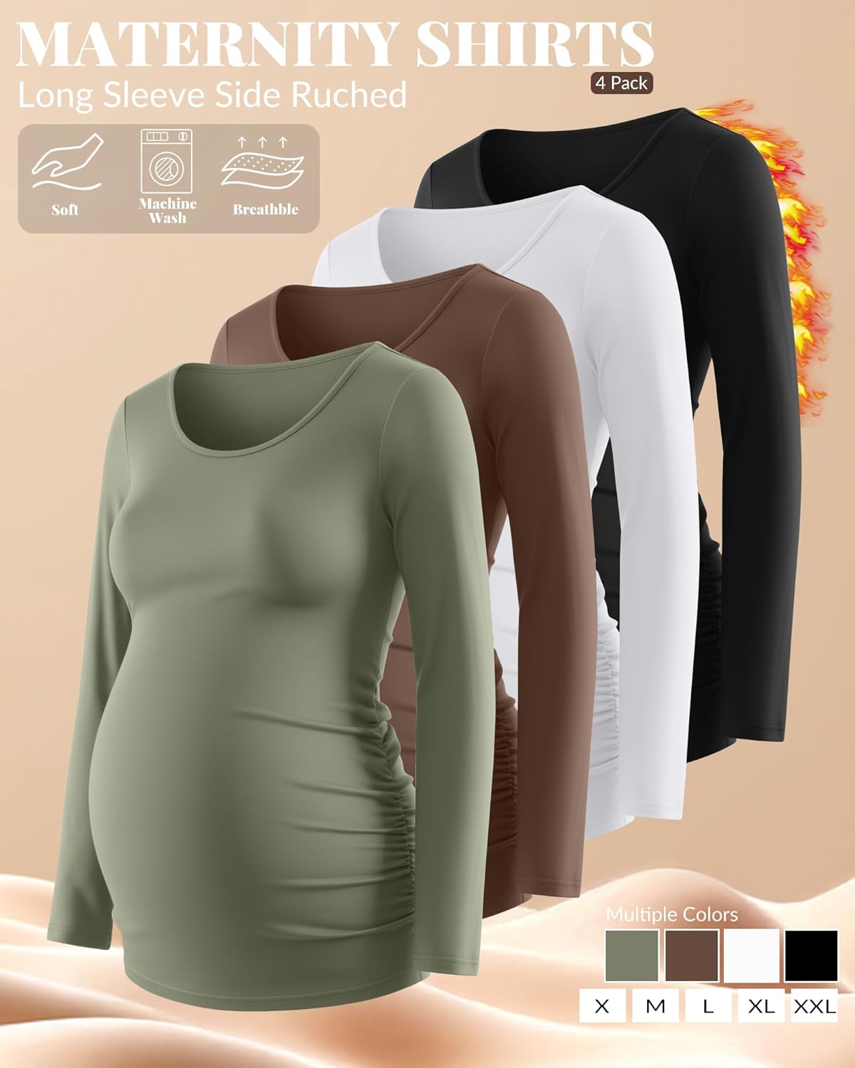 Ficerd 4 Pack Women's Maternity Shirts Long Sleeve Side Ruched Tops Crew Neck Fall Pregnancy T-Shirts Casual Mama Clothes - Image 2