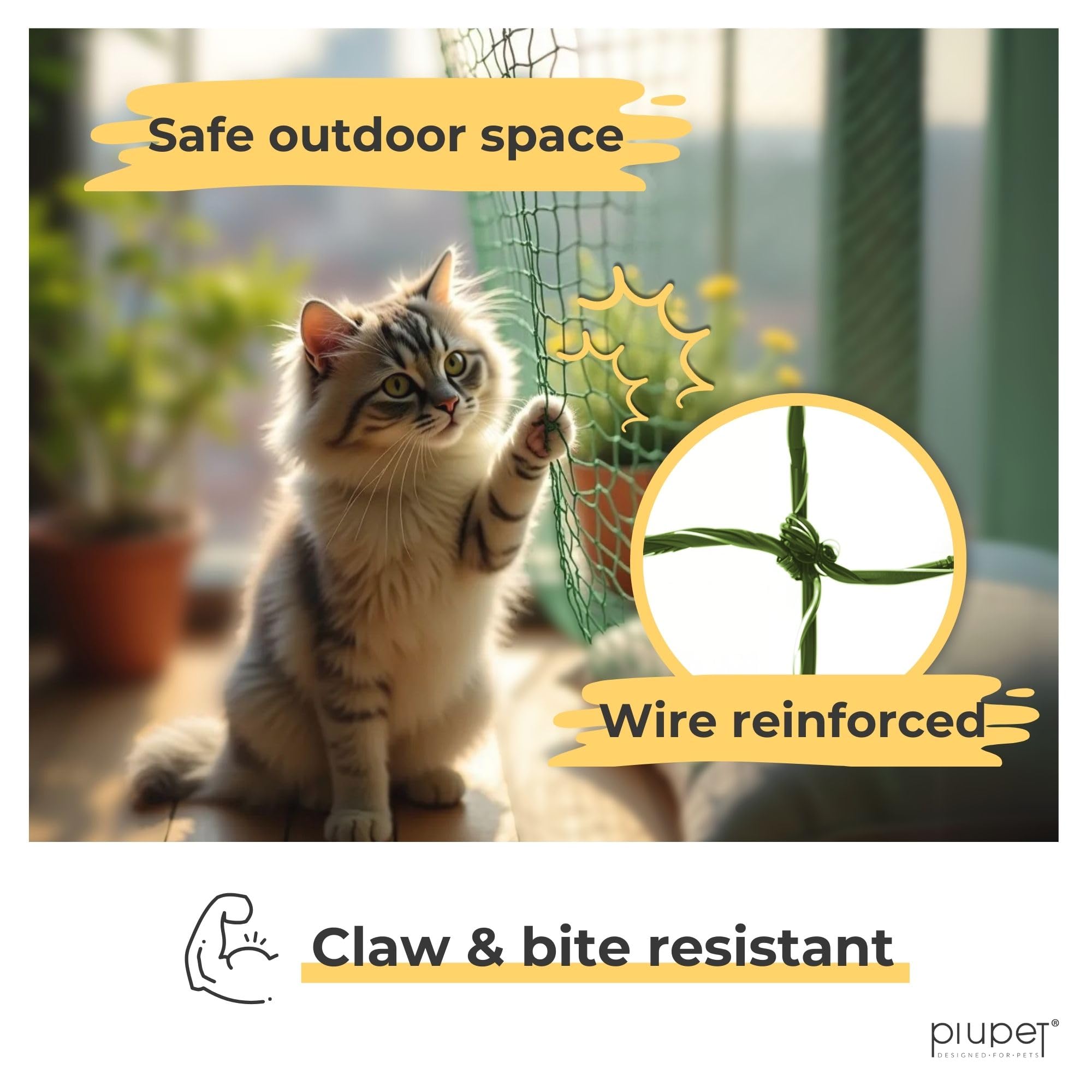 PiuPet® Cat Net Wire-Reinforced I 8x3m I Green I Included Fastening Set I Netting for Balcony and Window I Balcony Netting for Cats - Image 2