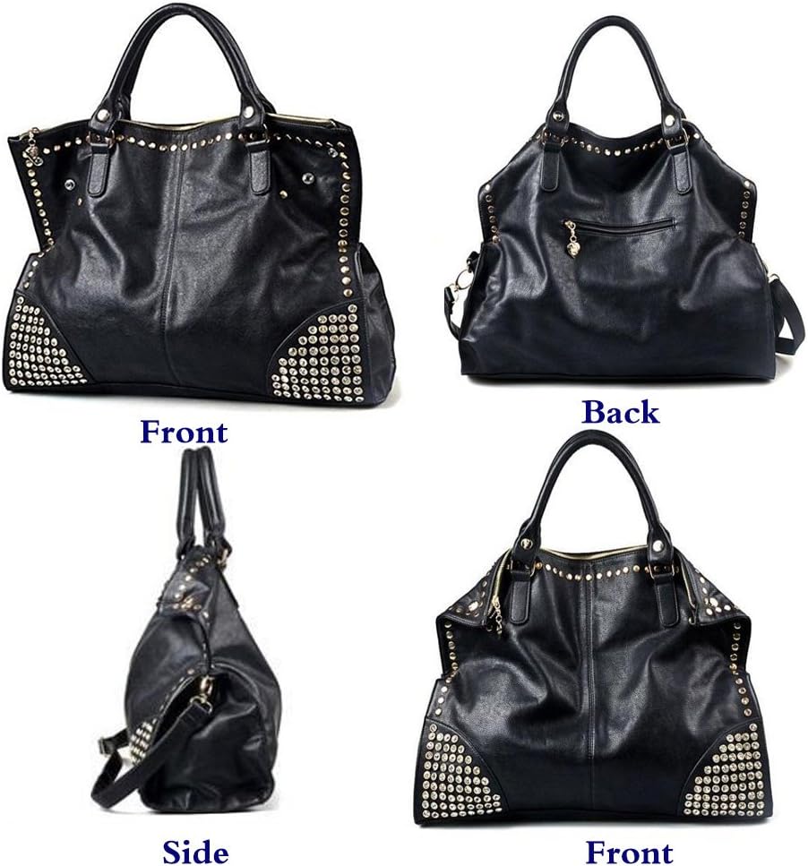 Women LadiesPunk Handbag Purse Middle Size Top Handle Shoulder Crossbody Bag Gold Rivet Satchel Tote Black - Image 2