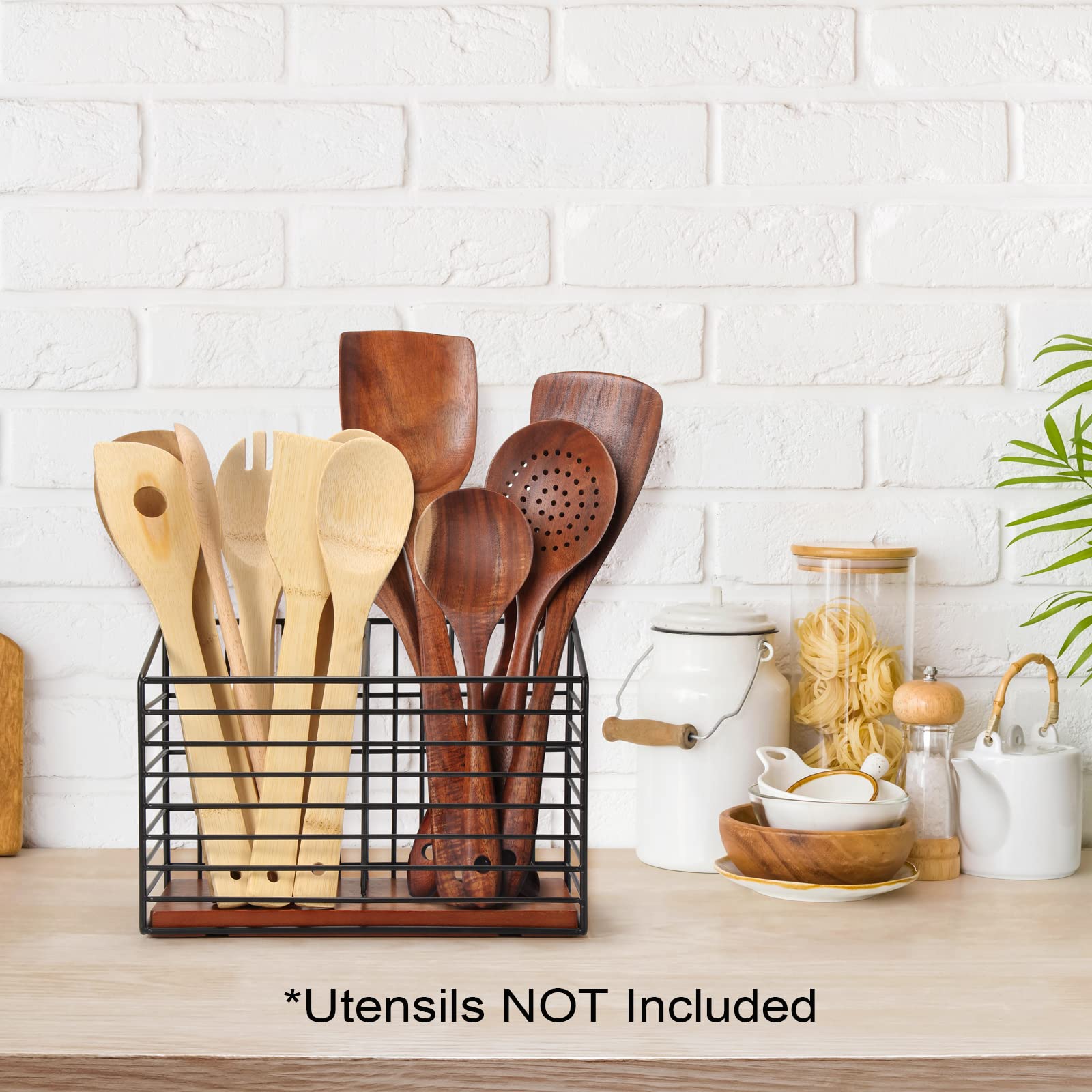 THYGIFTREE Gebruiksvoorwerp houder voor aanrecht, zwart metalen kookgerei organizer met houten basis, boerderij gebruiksvoorwerp crocks voor aanrecht THYGIFTREE Gebruiksvoorwerp houder voor aanrecht, zwart metalen kookgerei organizer met houten basis, boerderij gebruiksvoorwerp crocks voor aanrecht