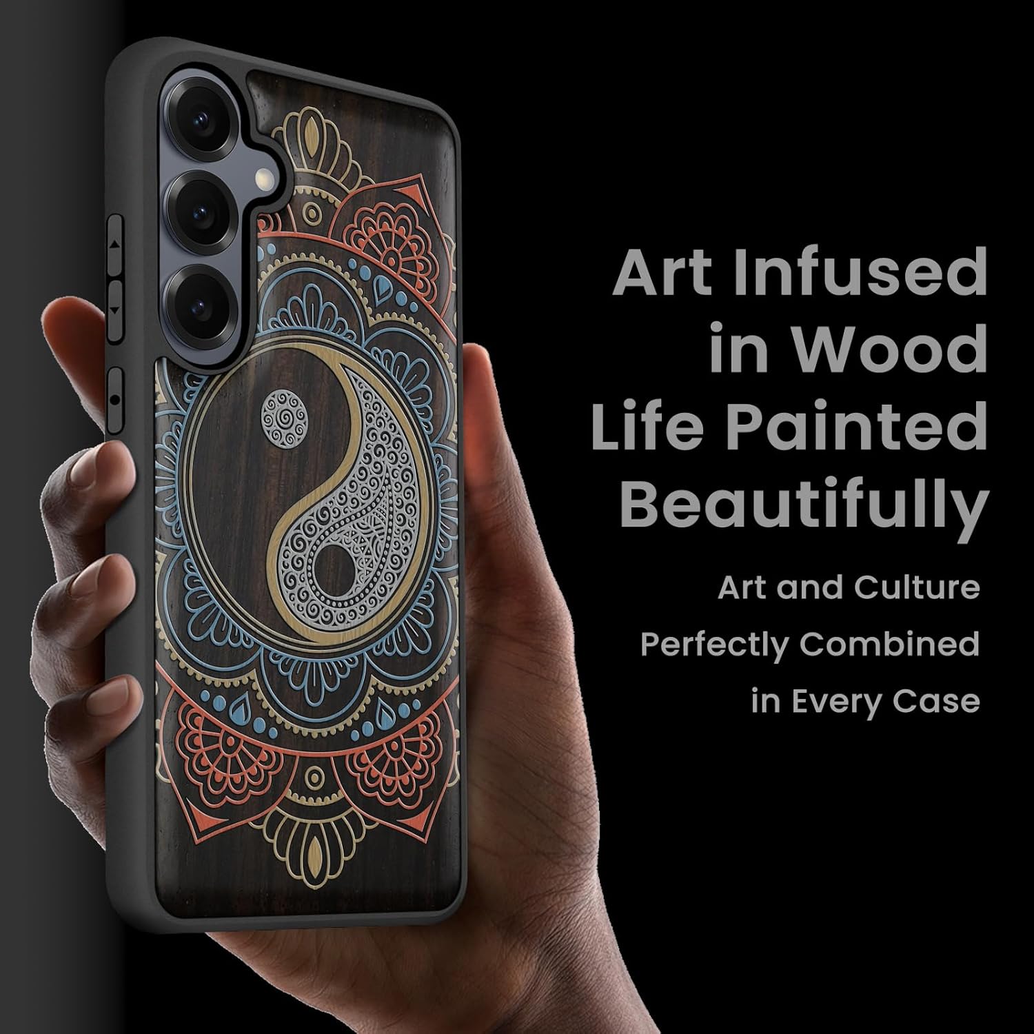 Magnetic for Samsung Galaxy S25 Case Compatible with MagSafe Wireless Charging, Natural Black Wood Cover & Shockproof TPU Case, Hand-Drawn Pattern - Yin Yang Balance