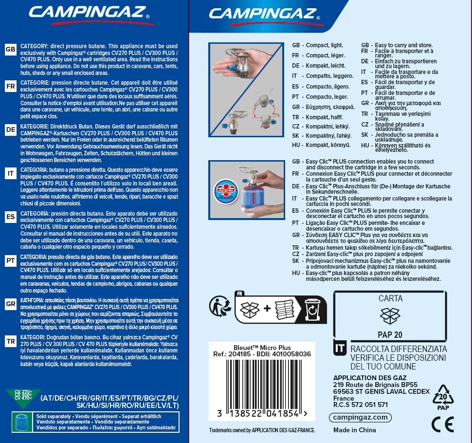 FORNELLO A Gas da Campeggio BLEUET Micro Plus + 2 CARTUCCE A Gas CV 470 con Sistema Removibile