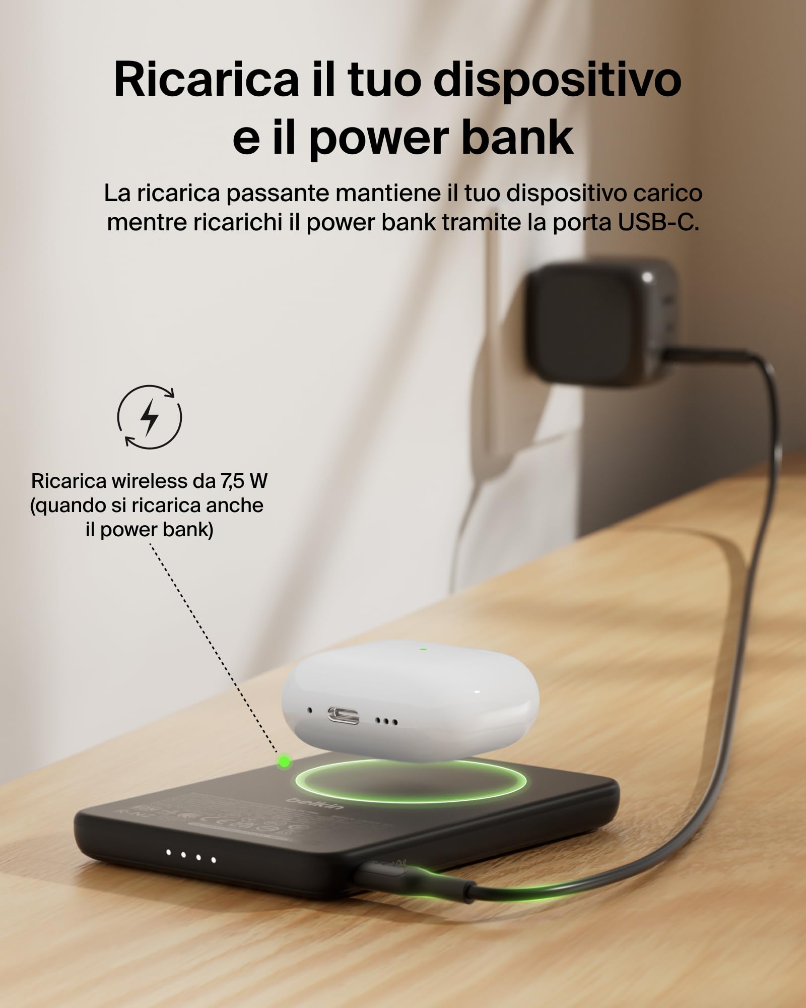 Belkin BoostCharge Power Bank Magnetico 5000mAh, Qi2 7.5W Caricatore Portatile Sottile con Anello Magnetico e Porta USB-C, Cavo USB-C Incluso, Power Bank per iPhone, Galaxy, Pixel, iPad e altro, Nero