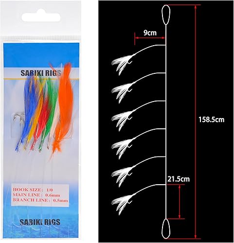 Miniatura 3 de Kit de aparejo de cebo de pesca, aparejo de plumas de caballa para señuelos de pesca, anzuelos de perca, señuelo de arrastre con ganchos de púas
