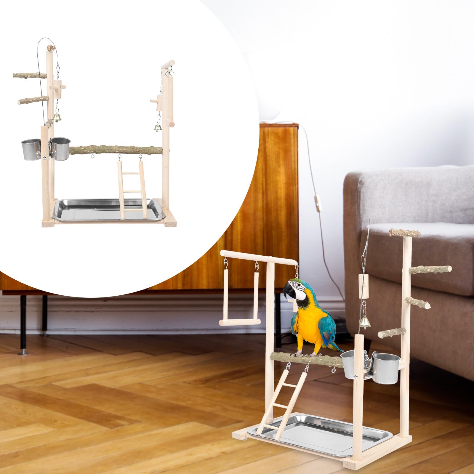 Abaodam Parco Giochi per Pappagalli in Legno Beige Posatoio e Tazza da Alimentazione, Supporto Interattivo per Uccelli per Sviluppare Coordinazione e Intrattenimento in Gabbia