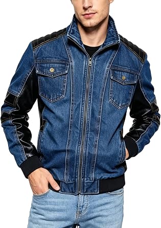 INVACHI Mens Denim Jacket Vintage Jean Trucker Jacket with Leather Patchwork Multiple Pockets