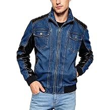 Men's Denim Jacket Vintage Jean Trucker Jacket with Leather Patchwork Multiple Pockets