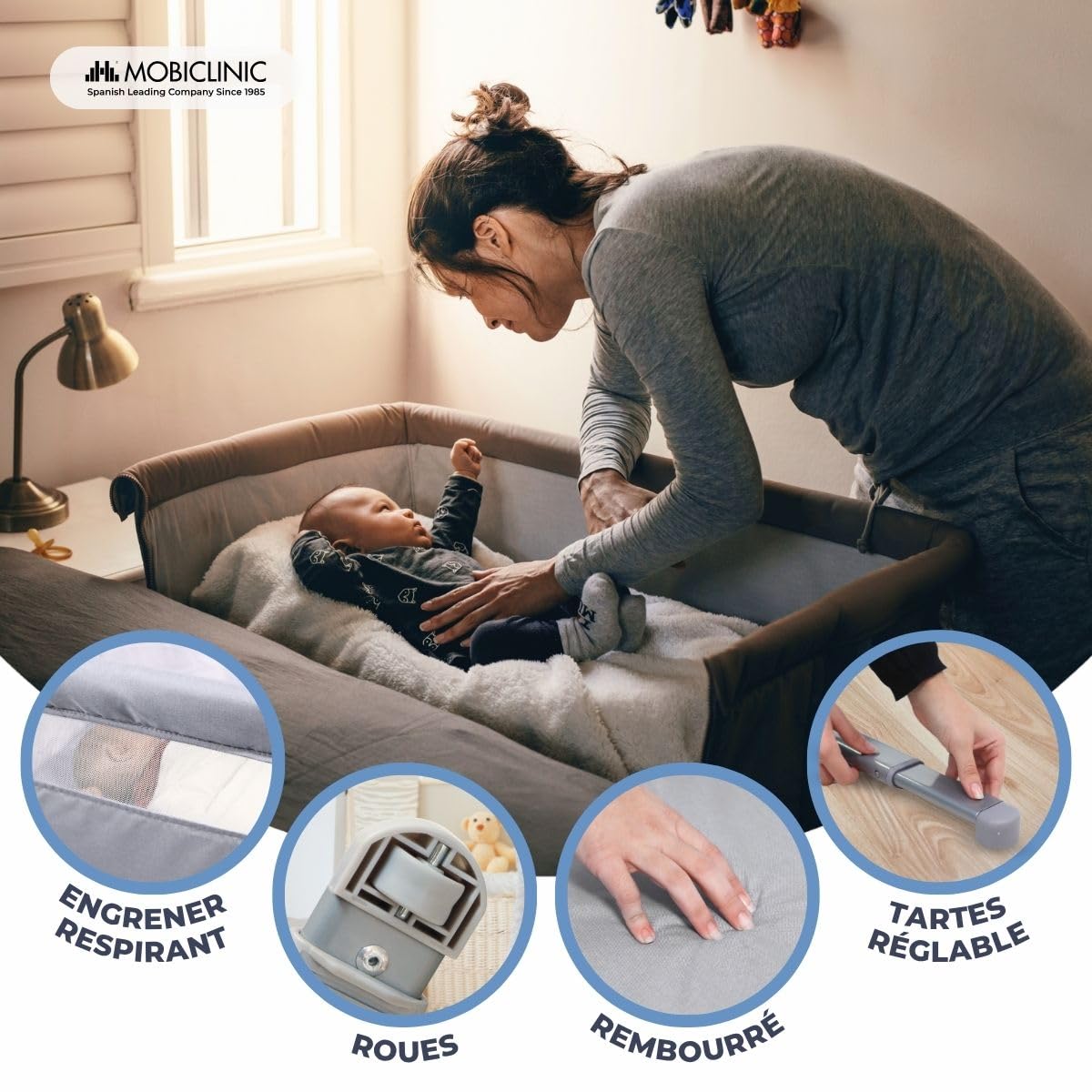 Mobiclinic®, Lit bébé cododo, 2 en 1, Système de Fixation au Lit, Réglable 5 hauteurs, Sac Transport, Roues incluses, Maille Respirante, Base rembourrée, Moon