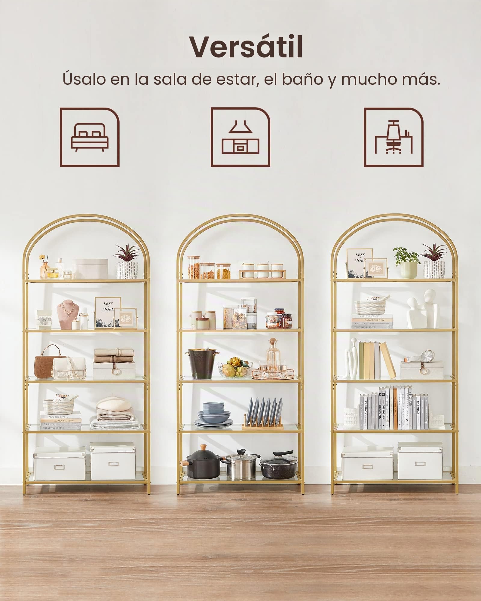 VASAGLE Estantería de 5 Niveles, Estantería de Vidrio Templado, Diseño Arqueado, Marco de Acero, para Salón, Dormitorio, Estudio, Baño, Dorado y Transparente LGT050A01