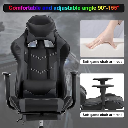 Miniatura 11 de Silla para videojuegos, silla ergonómica para juegos con reposapiés reclinable, respaldo alto, silla de videojuegos con soporte lumbar, Rojo