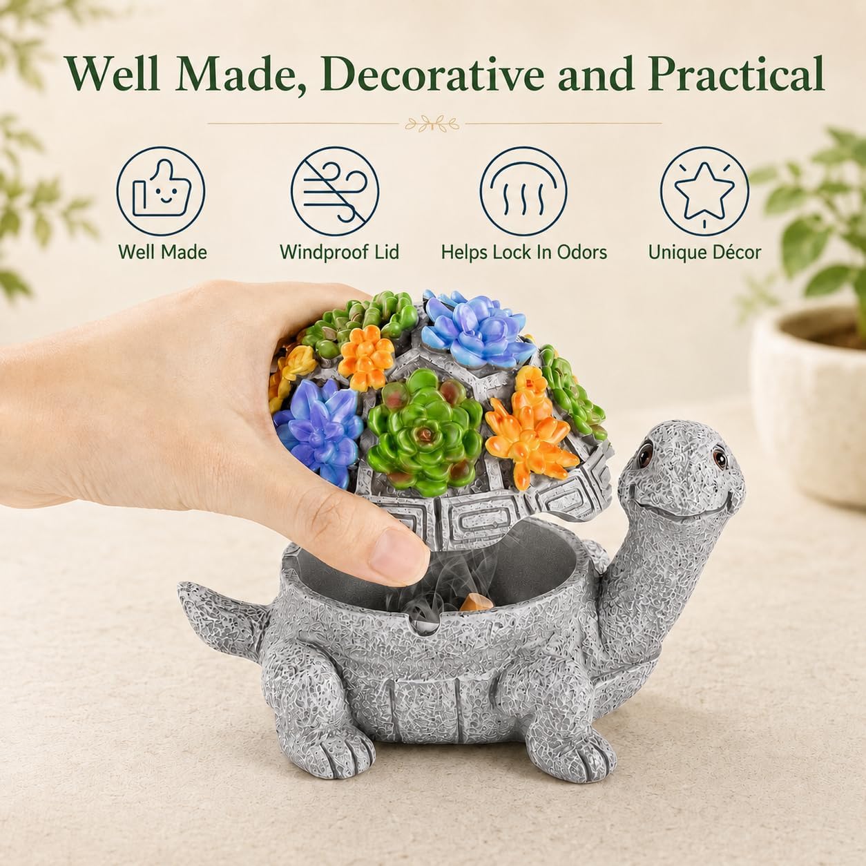 Ashtrays with Lid, Cute Turtle Outdoor Ashtray for Cigarettes, Windproof Ash Tray Decor for Home Office Indoor and Outdoor
