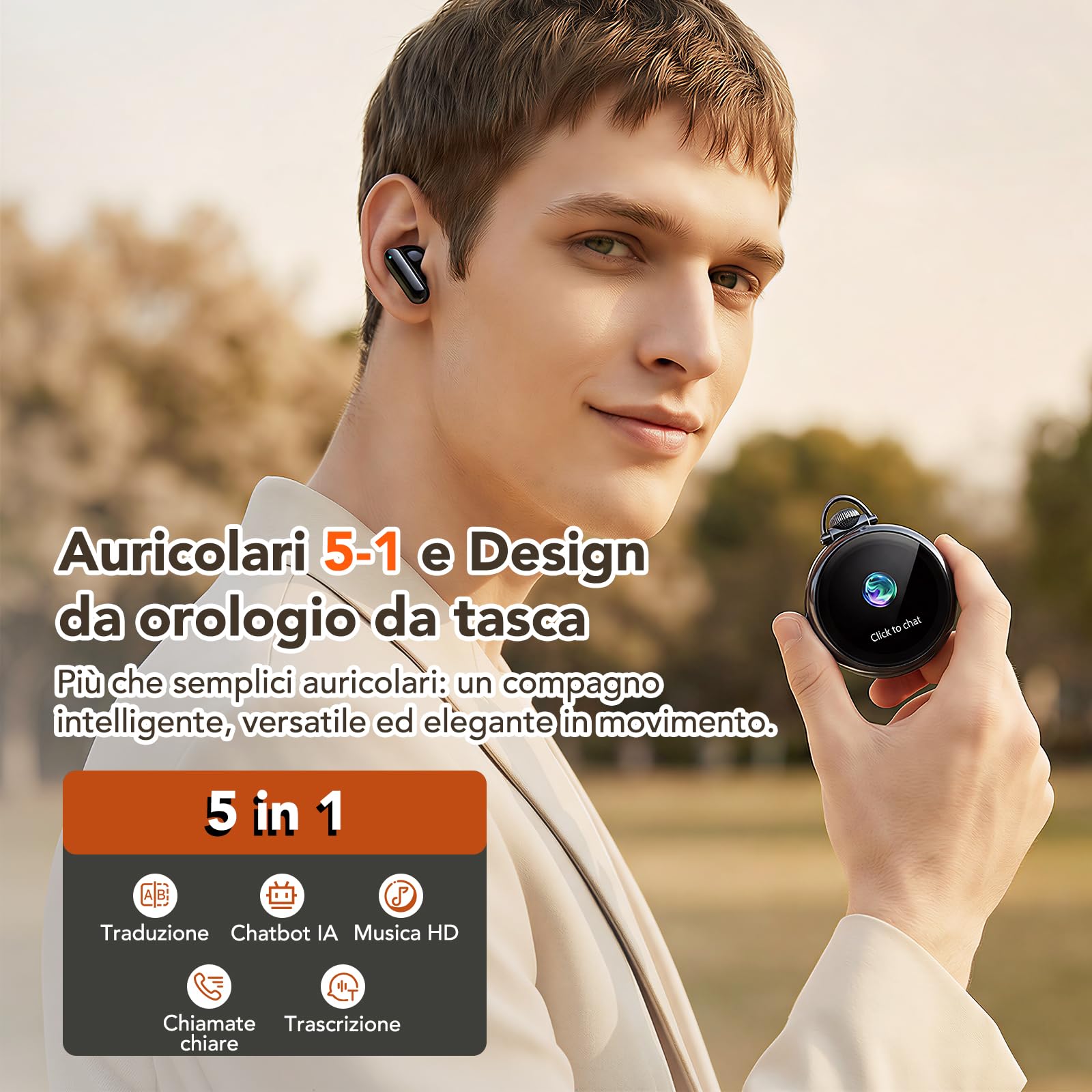 Auricolari Traduttori N03 con Chatbot AI, Cuffie Hi-Fi per Traduzione con 134 Lingue e 7 Modalità, Bluetooth 6.0 Design a Orologio da Tasca, Touch Screen, per Ufficio, Sport, Studio - Argento