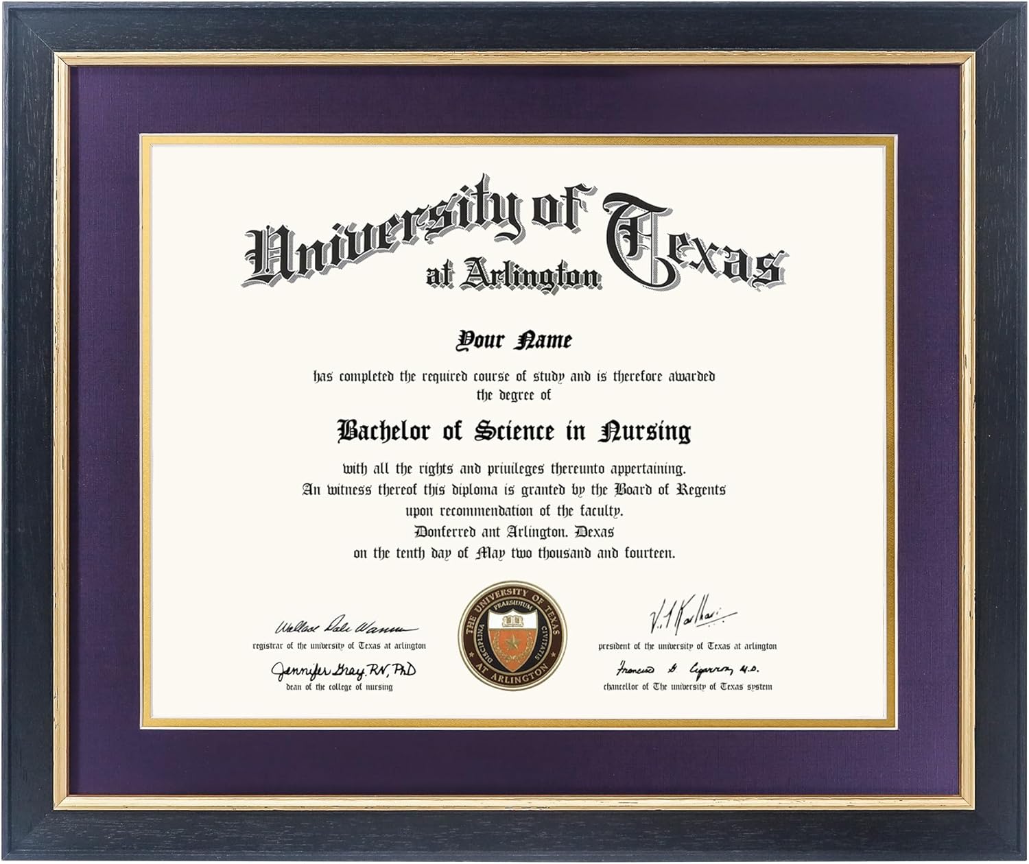 GMFrames 11x14 Wood Diploma Frame with Purple Mat or Display 14x17 Certificates without Mat,UV Protection Acrylic,Rustic Black Finish with Gold Trim Rustic Black / Purple Gold Mat 14x17 or 11x14 with Mat