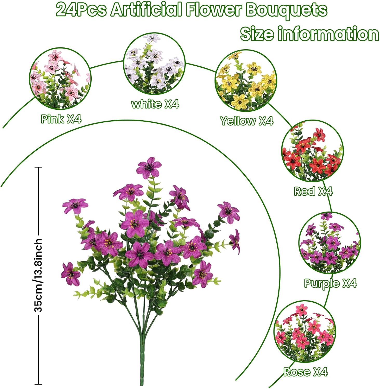 SHareconn 24 Bundles Artificial Flowers for Outdoors Spring Decoration, Fake Silk Realistic Faux Plants UV Resistant No Fade for Home Planter Porch Patio Summer Indoor Outside Decor, Mix 6 Colors