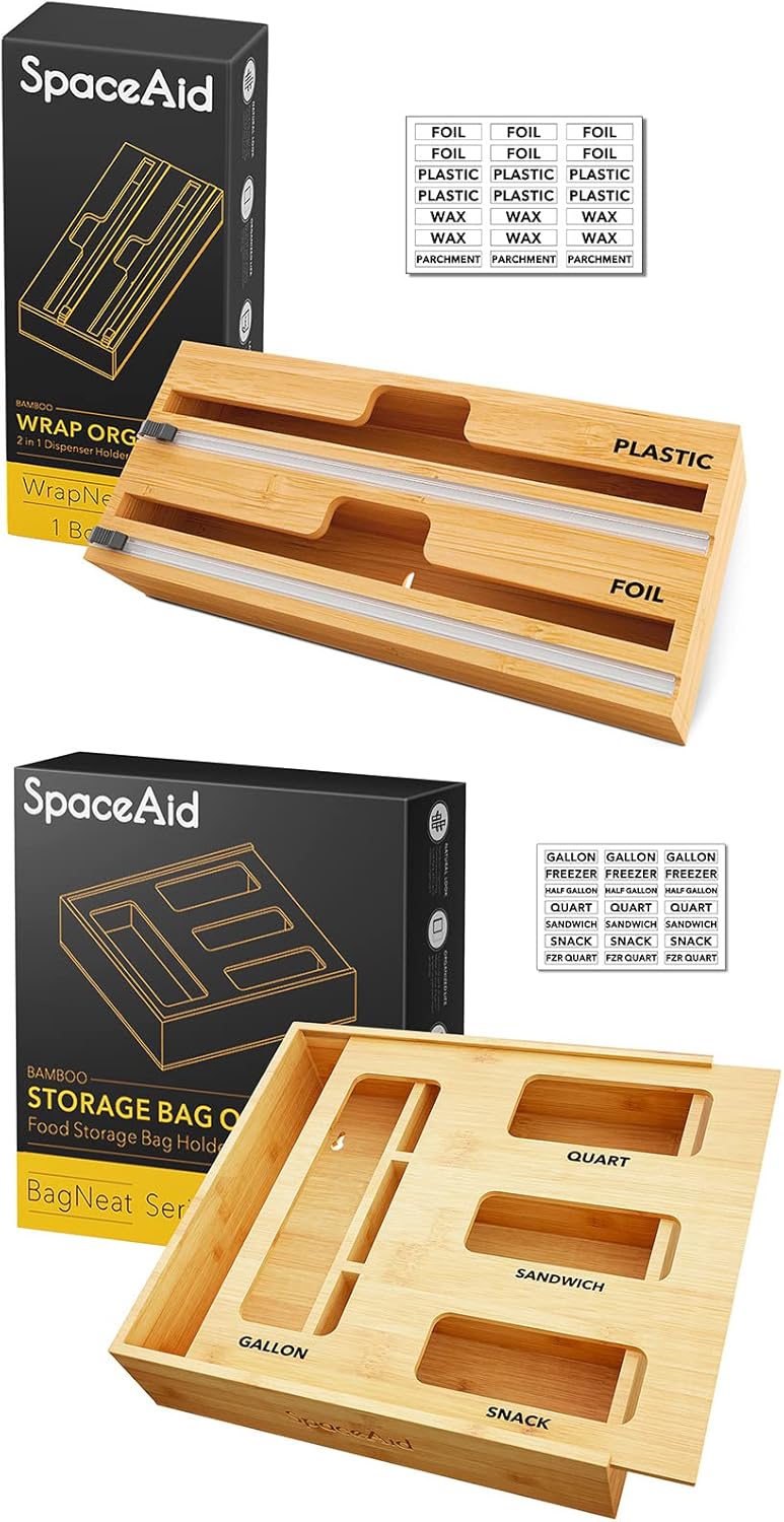 SpaceAid WrapNeat 2 in 1 Wrap Dispenser with Cutter and Labels, SpaceAid Bag Storage Organizer for Kitchen Drawer, (1 Box 4 Slots)