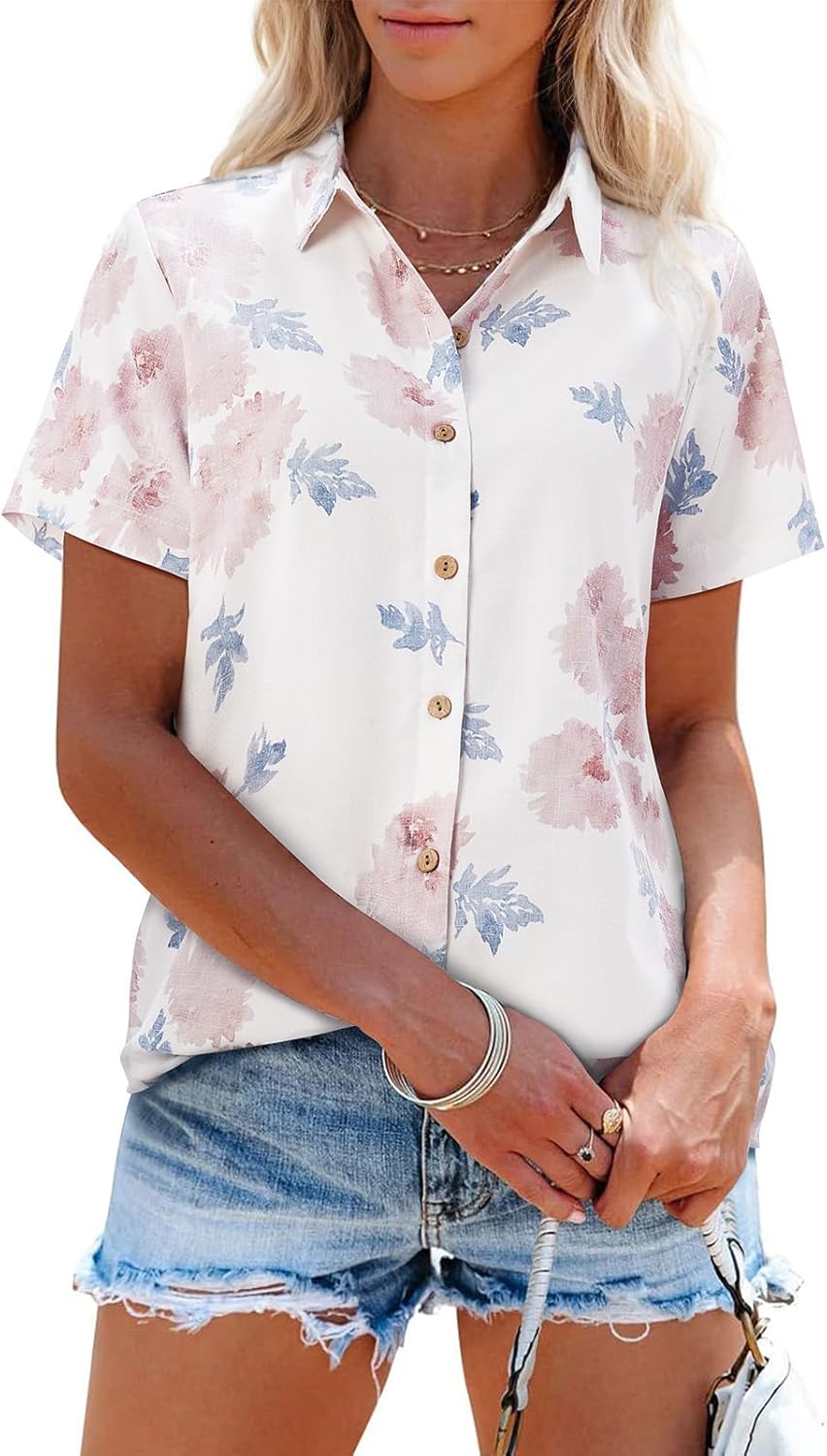 siliteelon Womens Button Down Shirts Short Sleeve Summer Linen V Neck Collared Hawaiian Floral Print Casual Blouse Tops