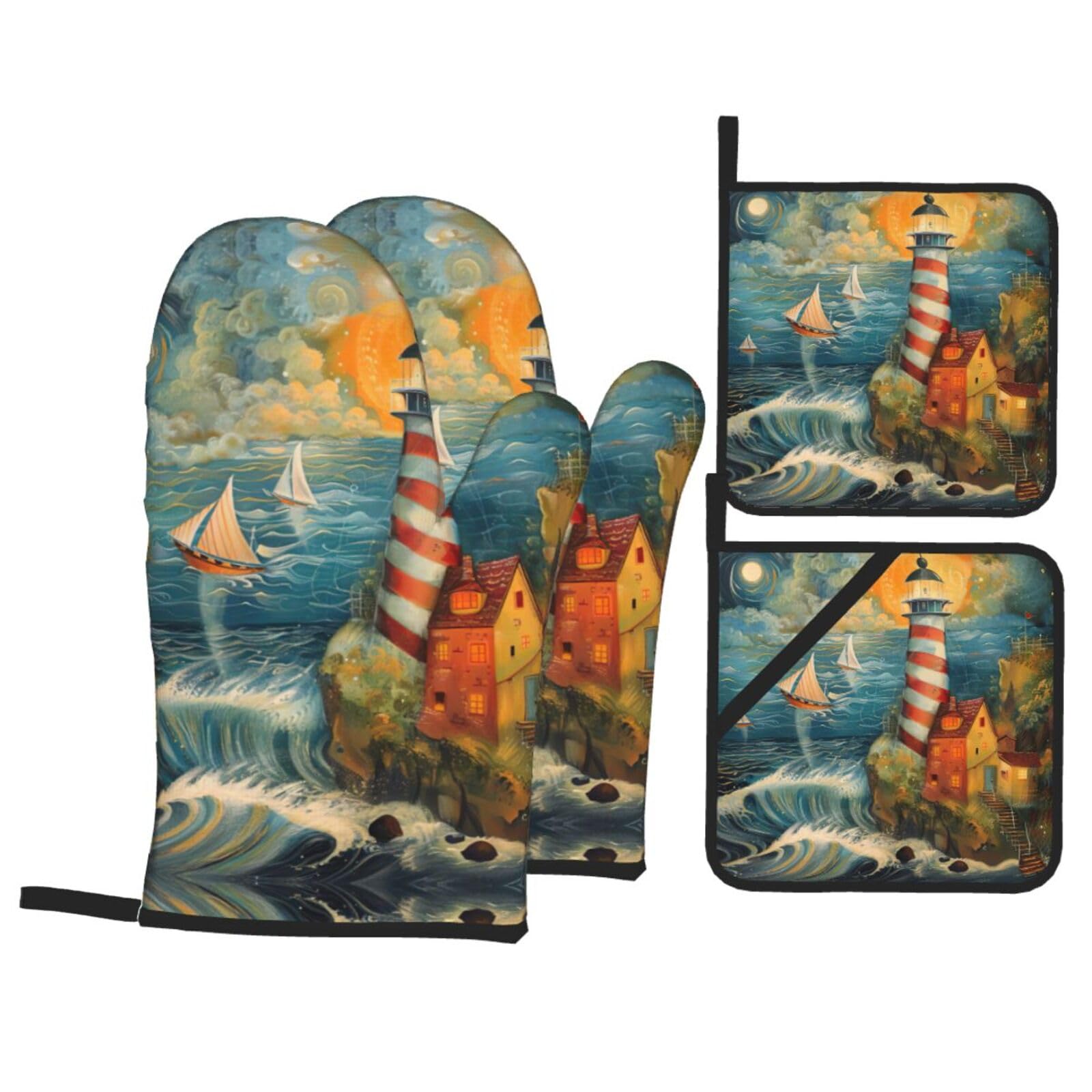 The Seaside Lighthouse Print Stylish 4-Piece Microwaving Oven Waterproof Kitchen Gloves Baking Holiday Cooking