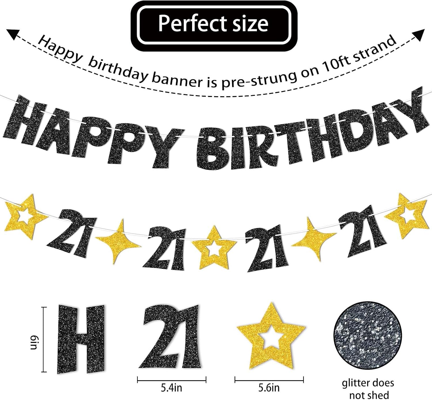 Black Gold Happy 21st Birthday Banner-21st Birthday Decorations for Him Her,Glitter 21st Birthday Decor Sign for Boys Girls Men Women,21 Year Old Birthday Party Decorations Supplies-No DIY