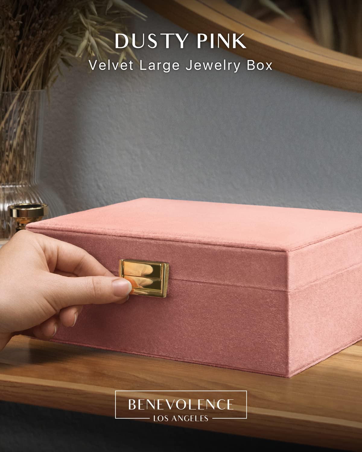 Benevolence LA 2 Layer Jewelry Box for Women, Large Velvet Jewelry Organizer with Decorative Lock, Removable Jewelry Tray, Earrings, Bracelets, Rings and Necklace Storage Box - Emerald: Benevolence LA Large Jewelry Storage Box | Velvet Boxes for Women | Earring, Bracelets, Rings, Necklace Organizer | 2 Layer Case for Women's Accessories - Dusty Pink