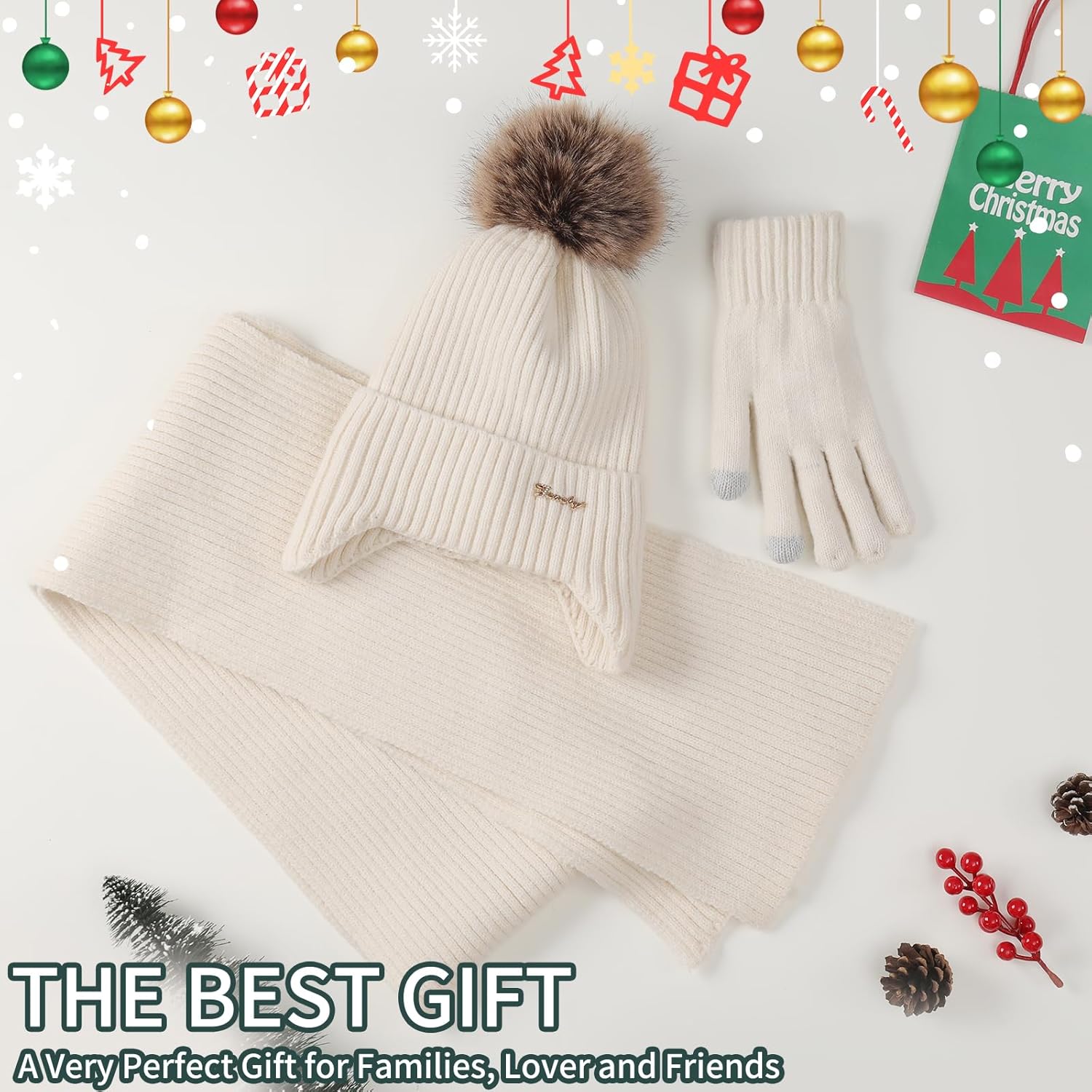 Winter Beanie Hat Scarf Gloves Set for Women, Classic Beanie with Removable Pom Pom Long Scarf Touchscreen Gloves 3 in 1 Set - Image 7