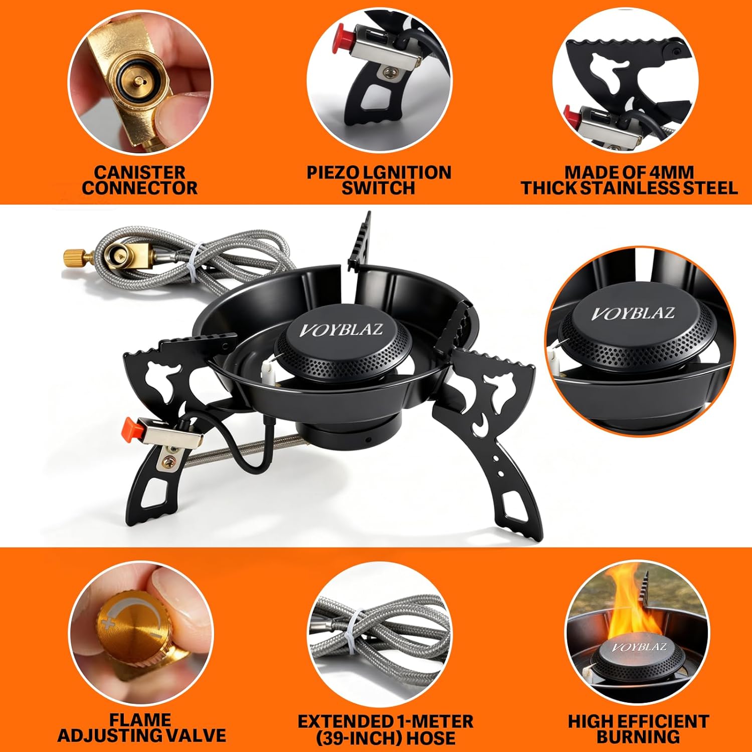 Portable Gas Camping Stove, 12000BTU, Propane, Black Carbon Steel Material, Piezoelectric Ignition, 39-Inch Hose, All-Copper Adapter, Equipped with a Storage Bag