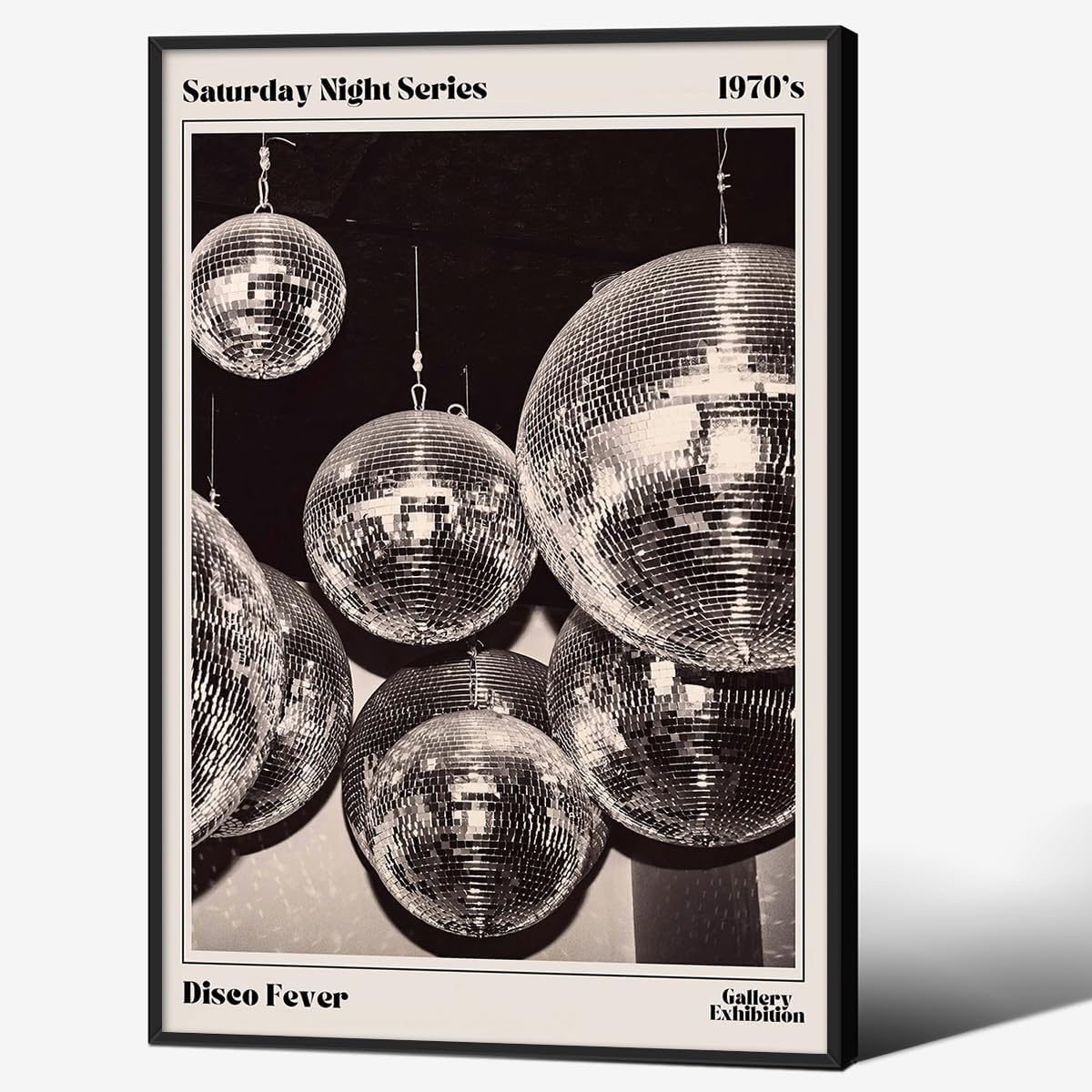 70s Disco Ball Newspaper Wall Art Vintage Black and White Art Posters 24x36 inch Black Framed Funky Aesthetic Canvas Prints Retro Bar Cart Decor for Bar Bedroom