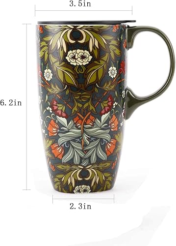 Miniatura 61 de Taza de café de viaje de cerámica con tapa para el hogar y la oficina, taza de té alta de porcelana de 17 onzas con mango de arte floral en caja