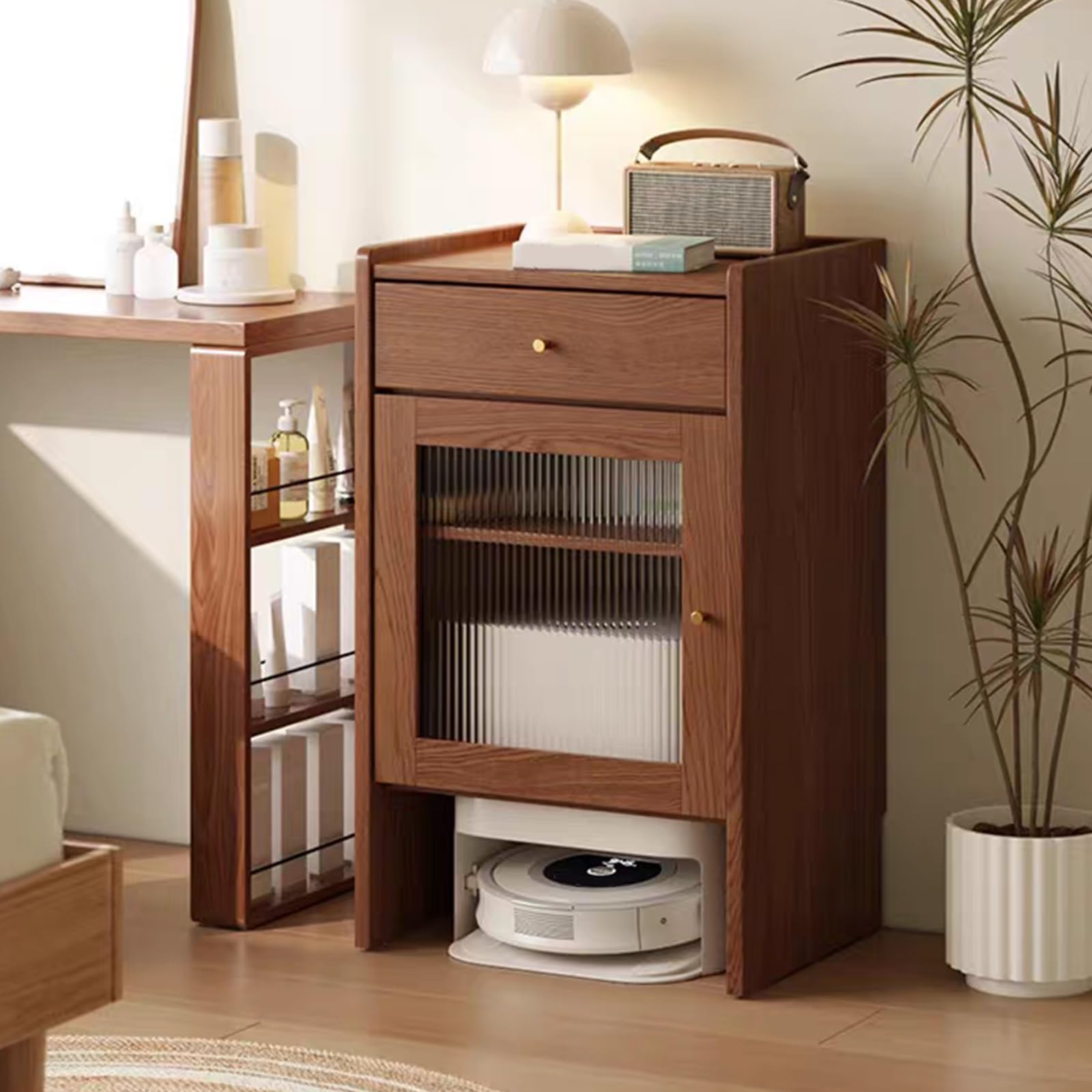 FNXBDPA Robot Vacuum Stand Cabinet, Hidden End Table with Wheels, Wooden Storage Stand