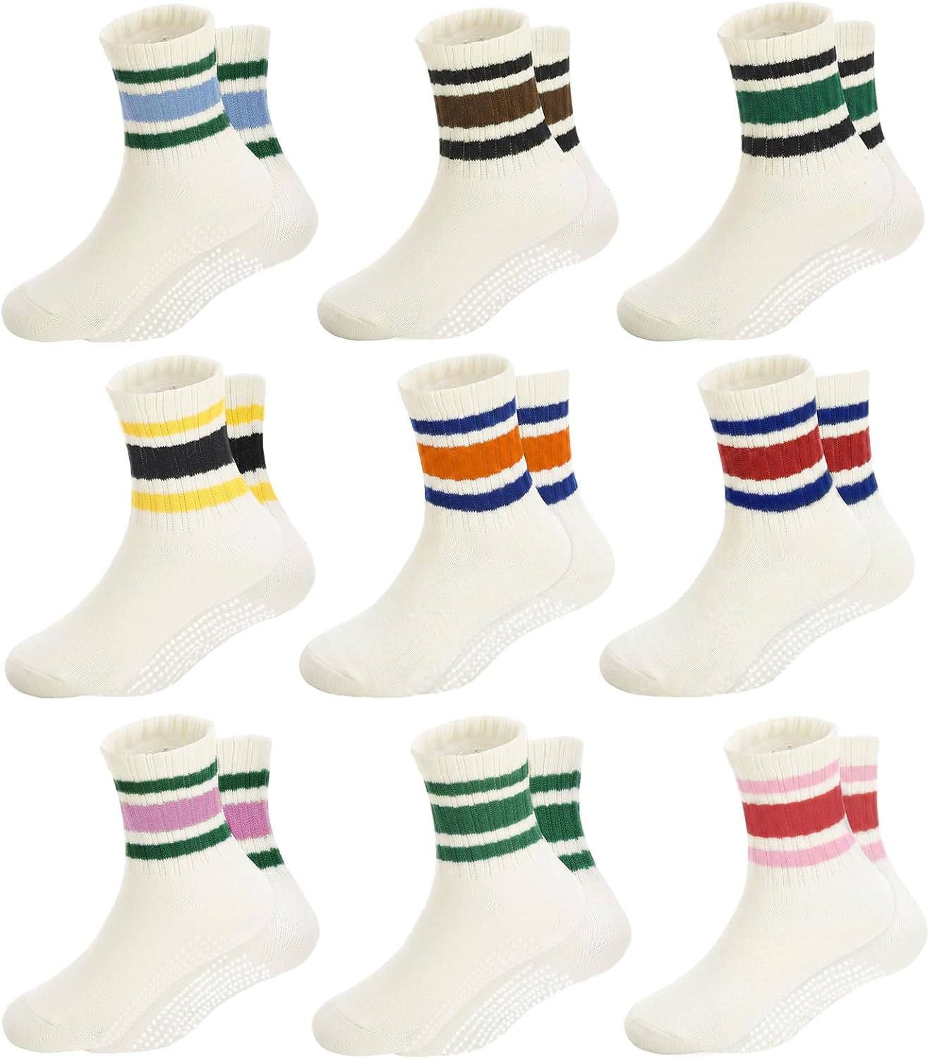 9 Pairs Unisex Baby Toddler Grip Socks - Non Slip Retro Stripe Cotton Crew Socks, Grippy Socks with Anti Skid Grips for Boys Girls