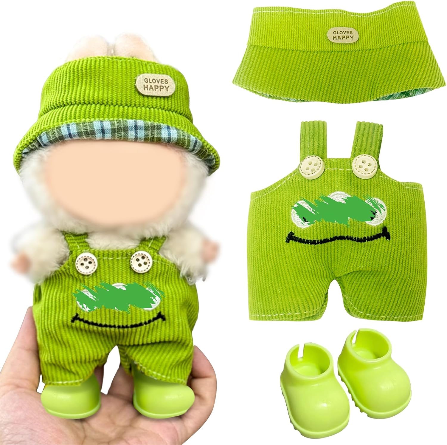 17cm Doll Clothes Set (3PC): Happy Fisher Hat, Green Smile Print Overalls w/ Cartoon Buttons, Green Shoes, No Doll Included (Style E)