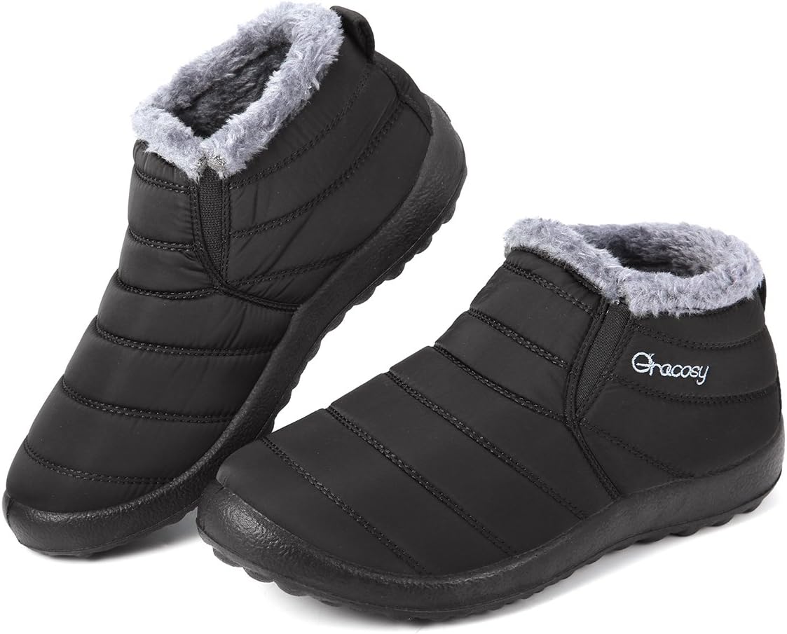 gracosy Warm Snow Boots, Winter Warm Ankle Boots,Fur Lining Boots,Waterproof Thickening Winter Shoes for Women Black 7