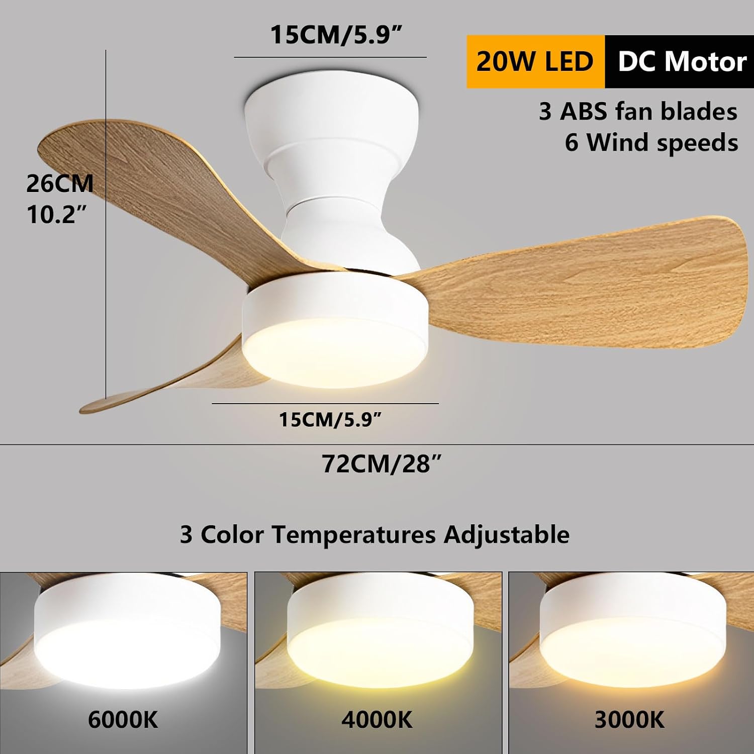 Smart 28'' Ceiling Fan Modern Small Ceiling Fan with Lights and Remote 6 Wind Speeds Quiet Ceiling Fan with DC Motor for Kitchen Restaurant Hotel Balcony 20W LED Ceiling Lighting