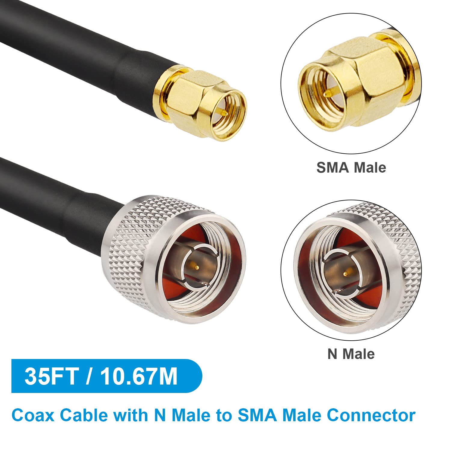 MOOKEERF N Male to SMA Male Cable 35ft Low Loss RG58 SMA to N Cable 50 Ohm for WiFi Router,GPS Receiver,Antenna,Signal Booster Use