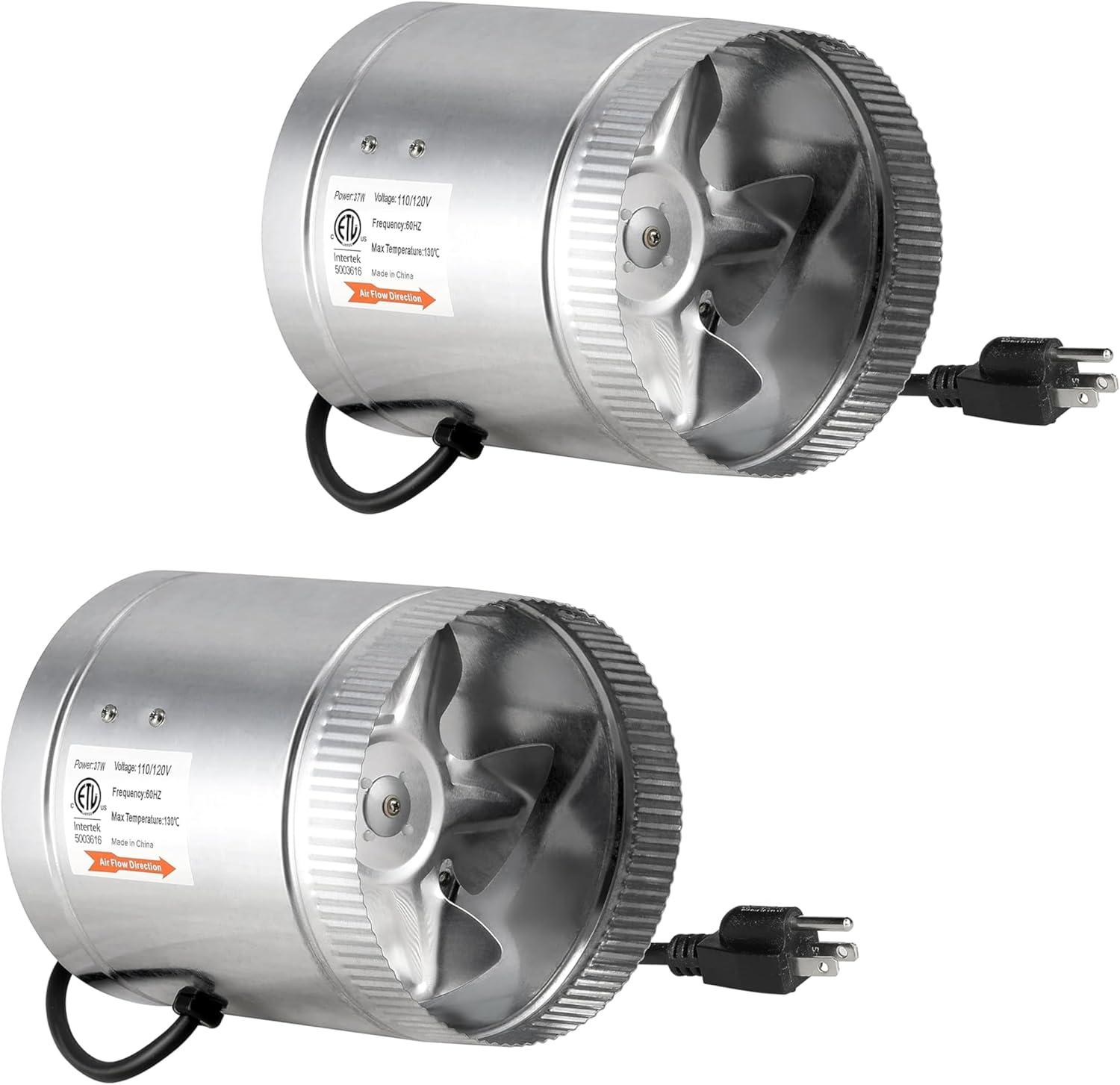 iPower 6 Inch 240 CFM Booster Fan Inline Duct Vent Blower for Intake 5.5' Grounded Power Cord and HVAC Exhaust, Low Noise, 2-Pack, Grey