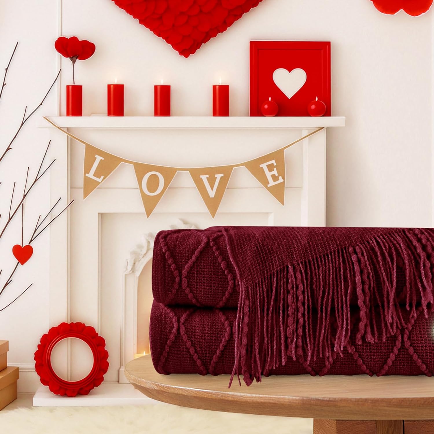 inhand Knitted Gifts Claret Throw Blankets for Couch,Valentines Day Red Decor for Her Him Girlfriend Wife, Romantic Lightweight Decorative with Tassel, Farmhouse Warm Woven for Women,50"x60" - Image 5