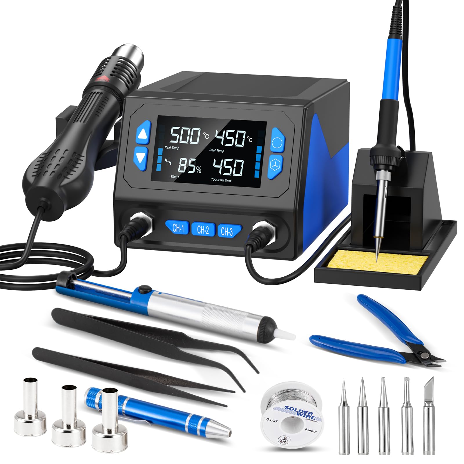 Lötstation,2-in-1 Heißluftlötstation Set 750W,Profi Lötkolben Einstellbare Temperatur 100~500°C mit LCD Displayanzeige,5 Lötspitzen, °C/°F Umrechnung,Standby Funktion,Lötstation für Profi-, Hobbylöten