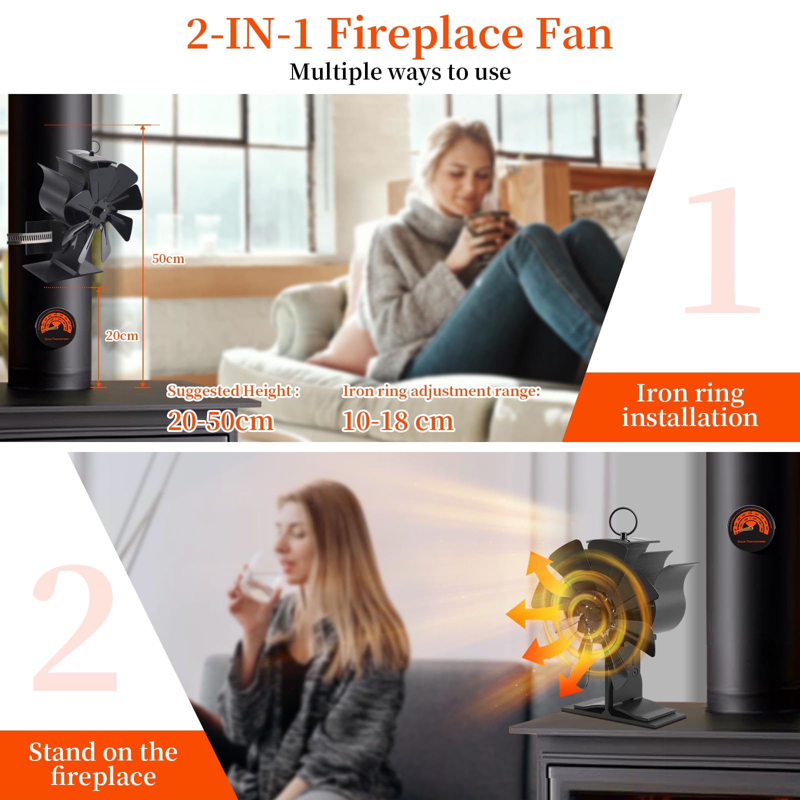 2 in 1 Ventilatore per camino, ventilatore per stufa 8 pale per camino, ventilatore alimentato a calore con termometro, stufa ventilatore senza elettricità per stufa a legna/camino/tubo del camino
