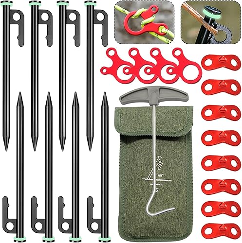Estacas para tienda de campaña, estacas resistentes, 8 estacas de tierra de 8 pulgadas, con 8 círculos fluorescentes, 12 hebillas de cuerda de