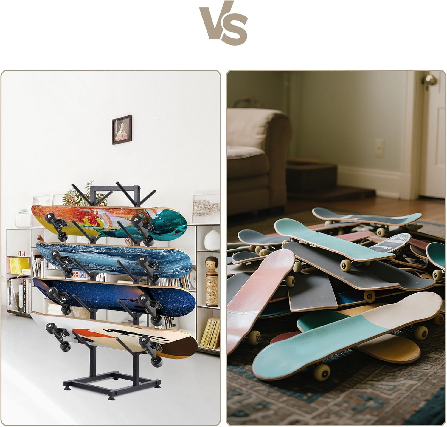 5-Tiers Skateboard Racks Floor Stand, Free Standings Water Ski Rack Wakeboard Rack, Standing Skateboard Display Stand, Double Sided Floor Skateboard Organizer Racks
