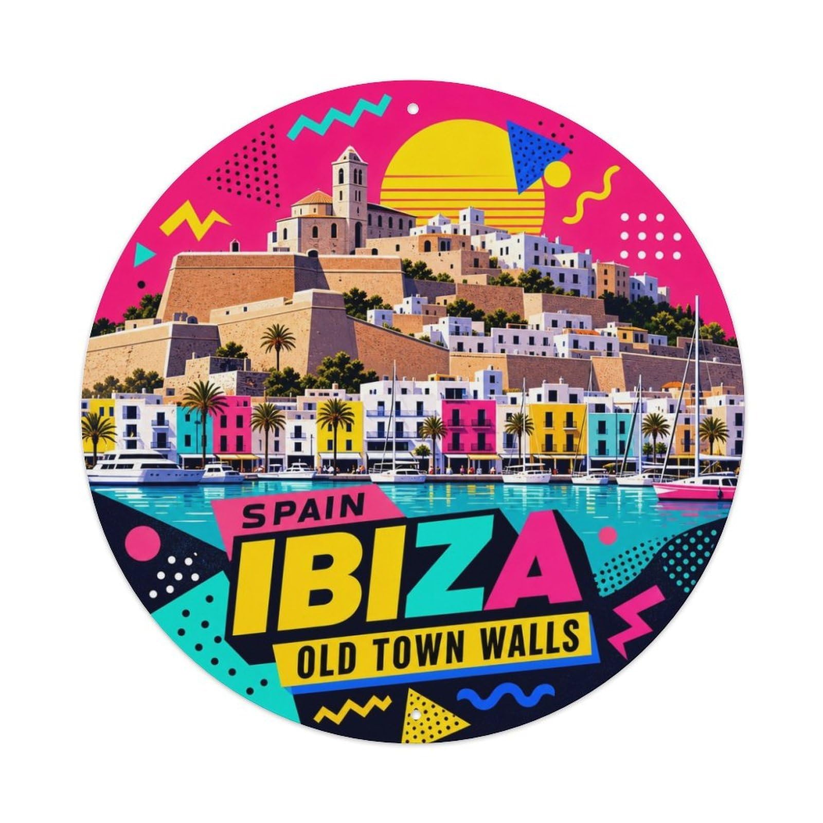 Ibiza Old Town Walls Spanish Color Block City Landmark Metal Tin Sign Plaque Wall Decor for Cafe, Man Cave, Club Bar, Office, Home Garden Round Metal Poster 8x8Inch