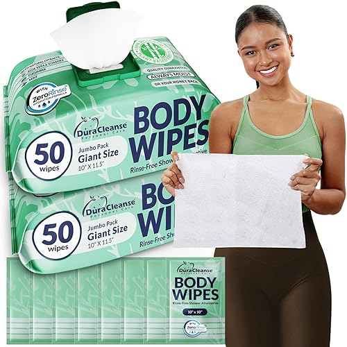 Miniatura 14 de Dura Cleanse Toallitas Corporales XL para Adultos – Baño Sin Enjuague, 50 Unidades + 4 Hojas de Ducha de Viaje, Paños Desechables Gruesos de 10" x