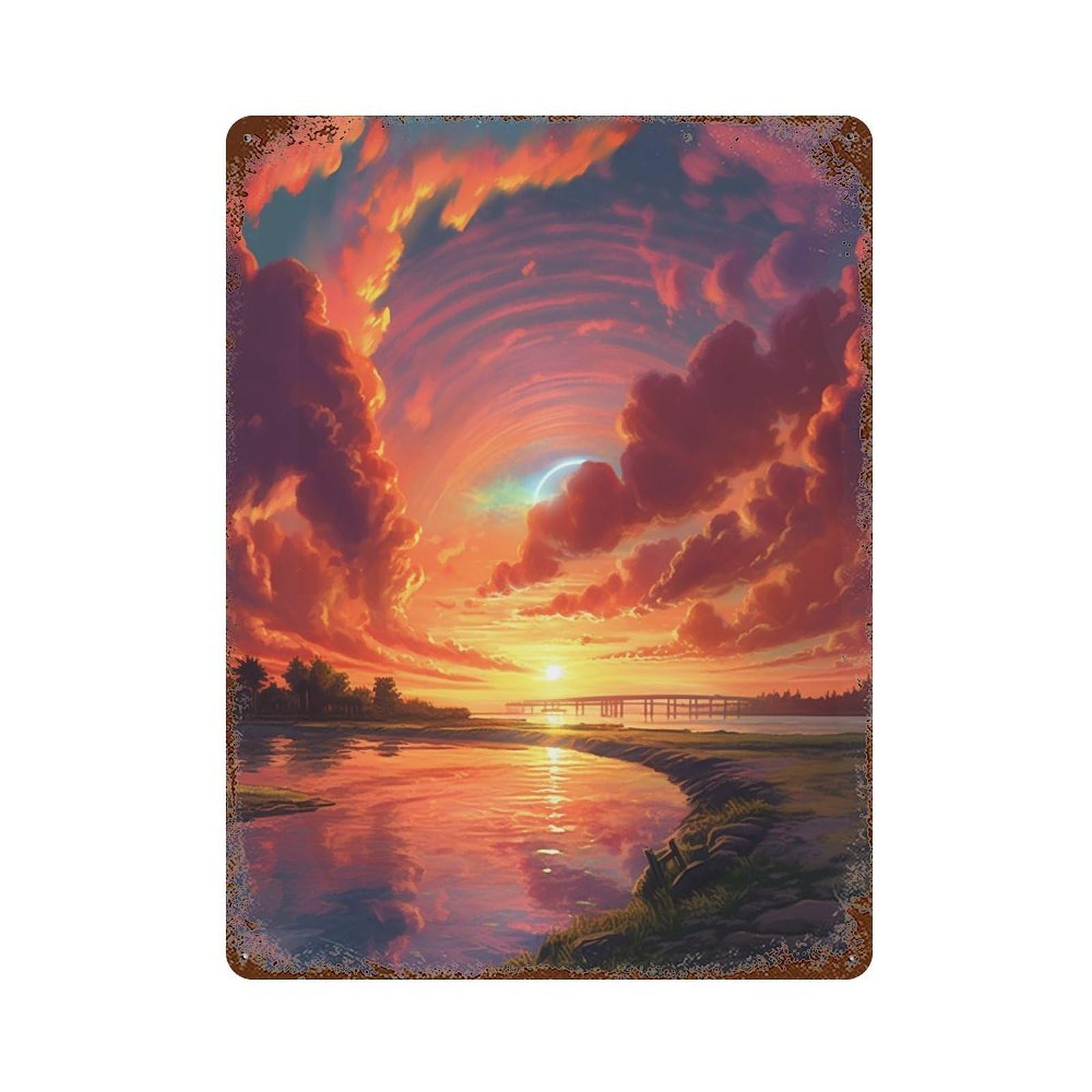 Retro Metal Sign with Sunset Serenity Landscape Design 15.7"x11.8", for Shed, Workshop And Garage Wall Decor, Old School Wall Decor