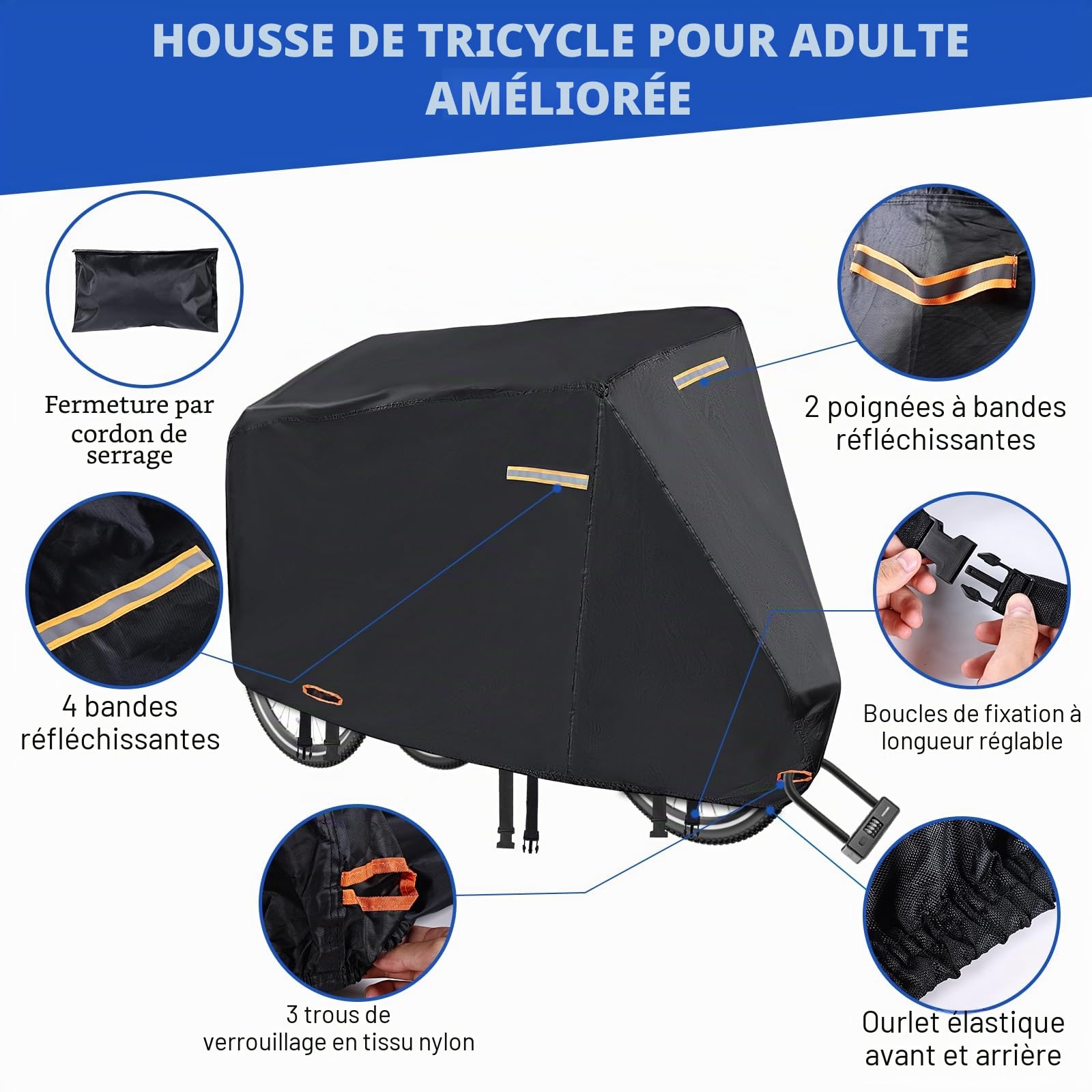 Housse de tricycle pour adulte, durable 420D pour adultes, bâche universelle pour tricycle adulte, étanche avec rayures imperméables, 3 trous de verrouillage en nylon, 4 bandes réfléchissantes