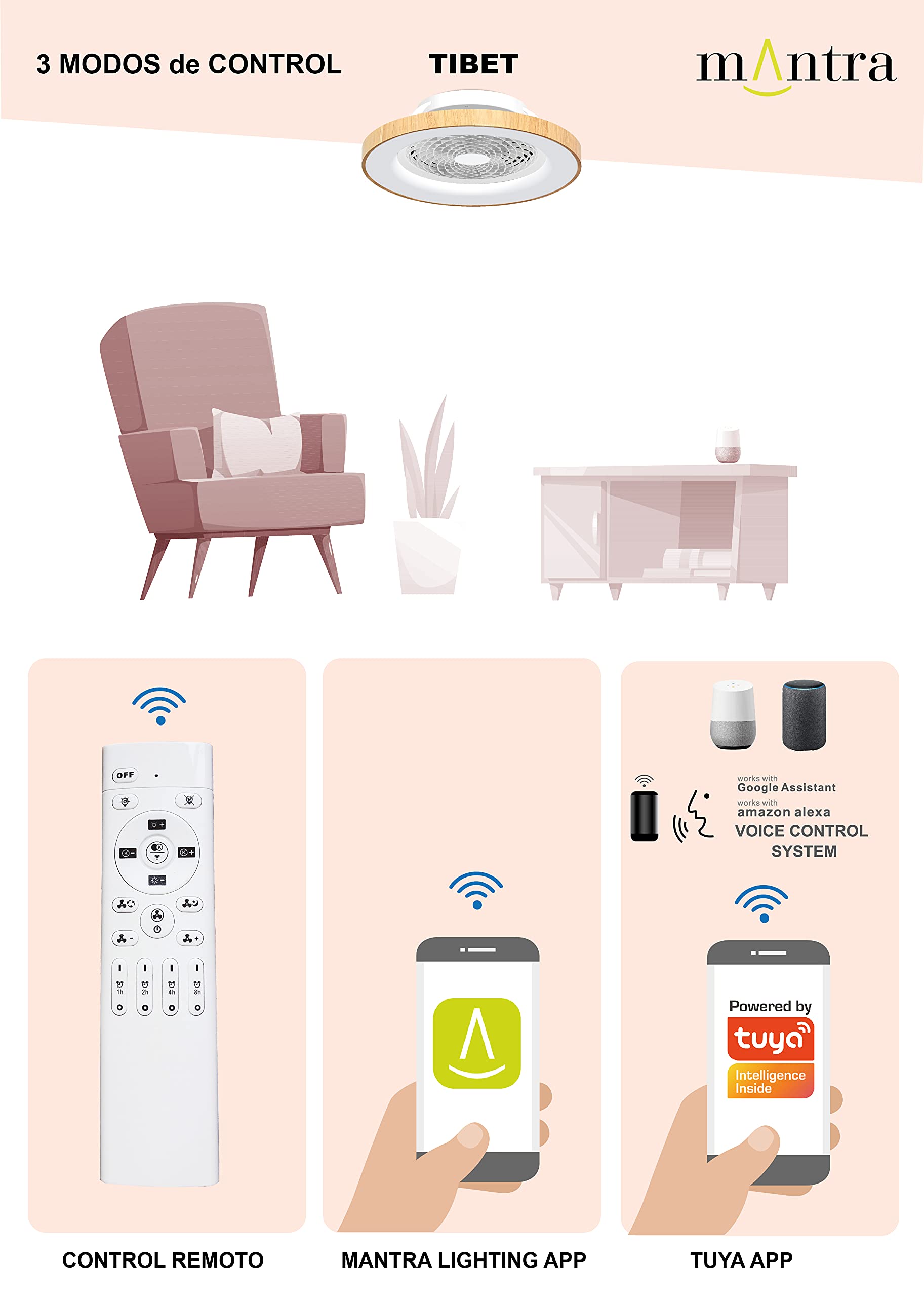 Mantra Tibet LED Ventilatore e Plafone da Soffitto Gestito Da APP Amazon Alexa Google Home By José ignacio Ballester - Bianco