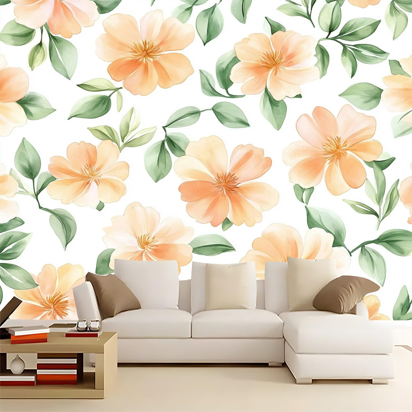 Tapeta 300 x 210 cm Akwarelowane Botaniczne kwiaty brzoskwini Żółty Zielony Malowidło Tapety Na Fototapety Sypialnia Salon