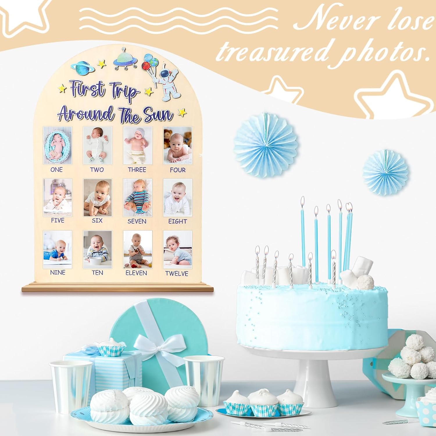 Space First Trip Around The Sun Photo Board One Year Birthday Party Decorations Wooden Board 12 Monthly Milestone Picture Frame 1st Birthday Banner for Baby Boy Keepsake Gift Supply (Fit 2x2.8in Pic)