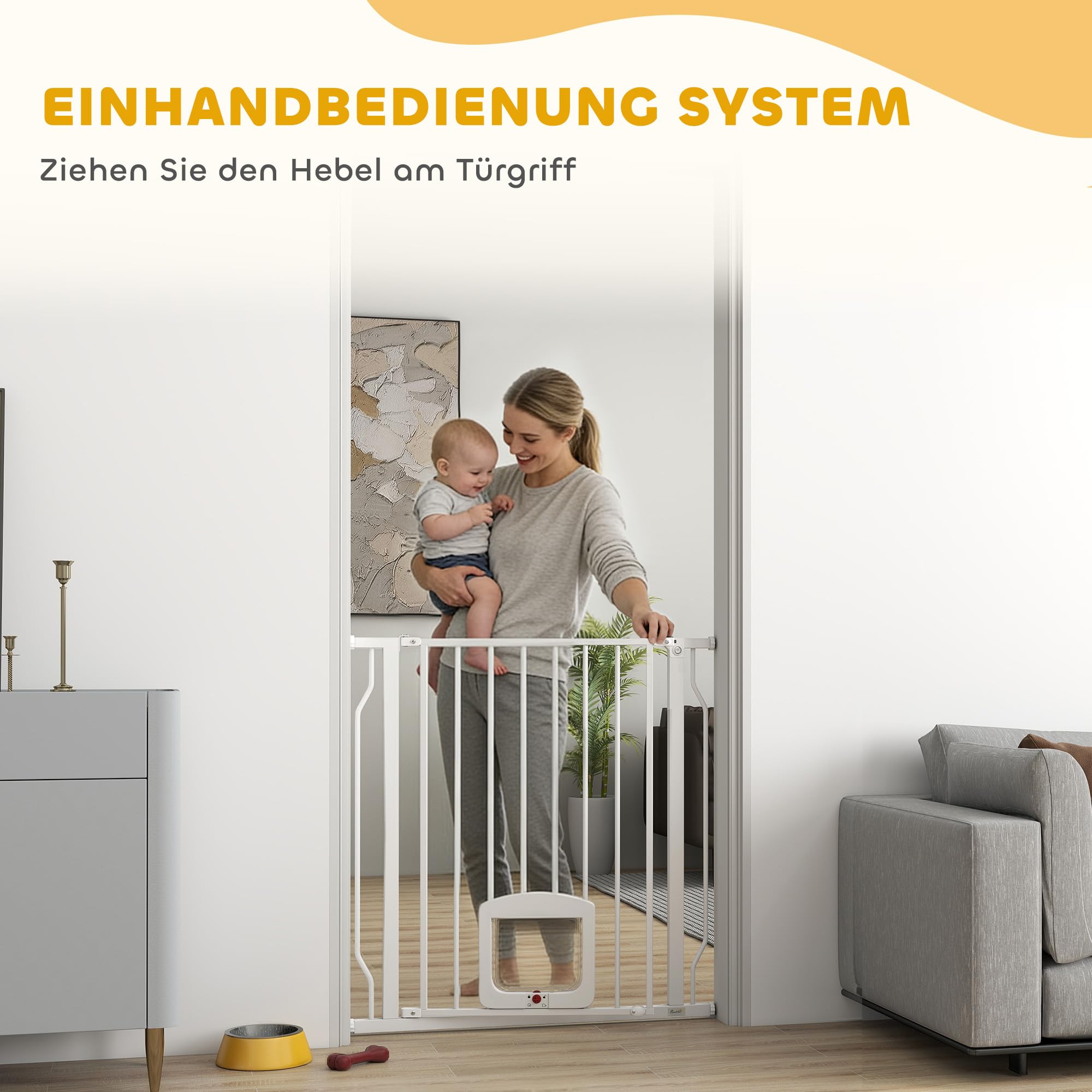 PawHut Treppenschutzgitter mit Katzenklappe ohne Bohren 75-85 cm Weiß