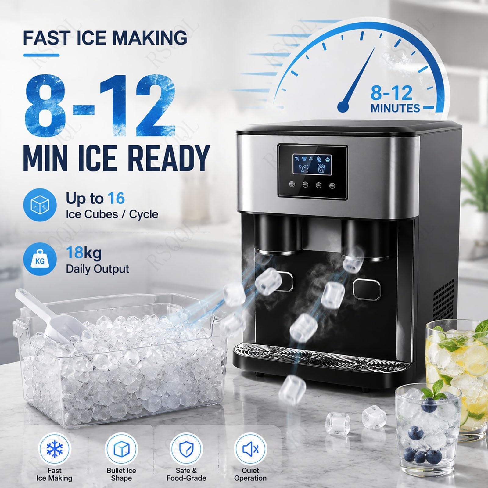 Máquina de hielo for encimera 3 en 1, acero inoxidable | Con ventana de visualización, produce cubitos de hielo, hielo triturado y agua fría, ciclo de 8 a 12 minutos.(Blue)